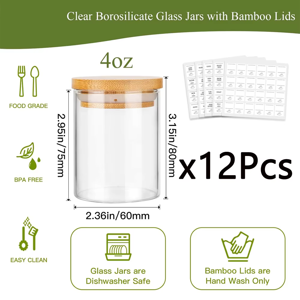 Pots à épices en verre de 4oz avec couvercles en bambou, récipients de stockage des aliments en verr