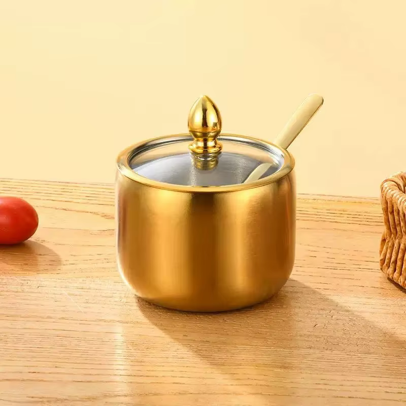 Pot à sucre et à épices en acier inoxydable doré avec couvercle en verre et cuillère pour bar à café