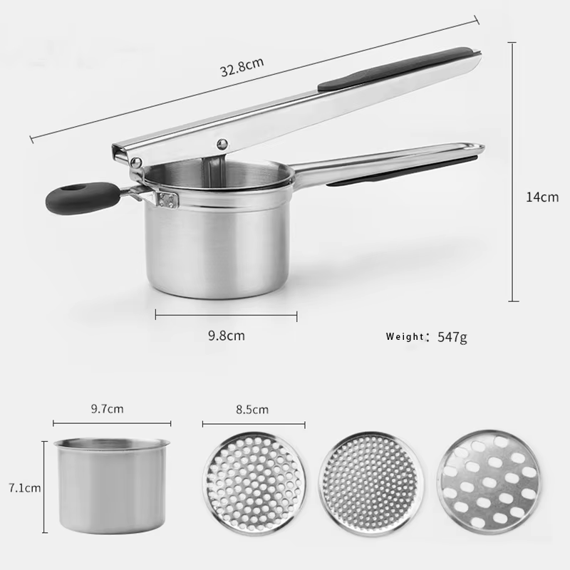 Presse-purée et broyeur de pommes de terre. 3 disques interchangeables en acier inoxydable, pour pur