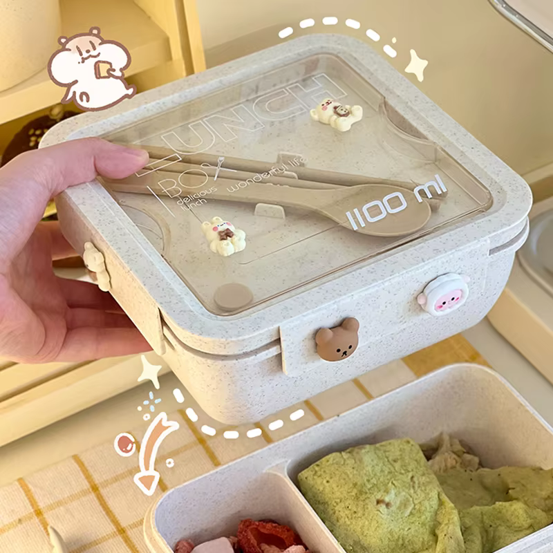 Boîte à déjeuner de 1100ML pour enfants, école, adultes, bureau, paille de blé, micro-ondes, rangeme