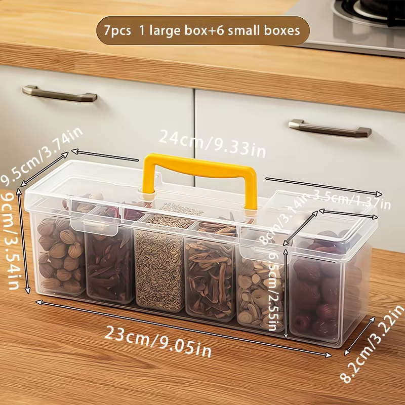Ensemble de récipients à épices scellés avec couvercle de 7 pièces (1L + 6S) – Pots divisés amovible