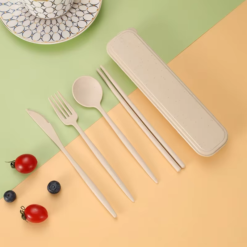 Ustensiles portables 4 pièces, couverts en paille de blé écologiques et sains, ensemble de baguettes