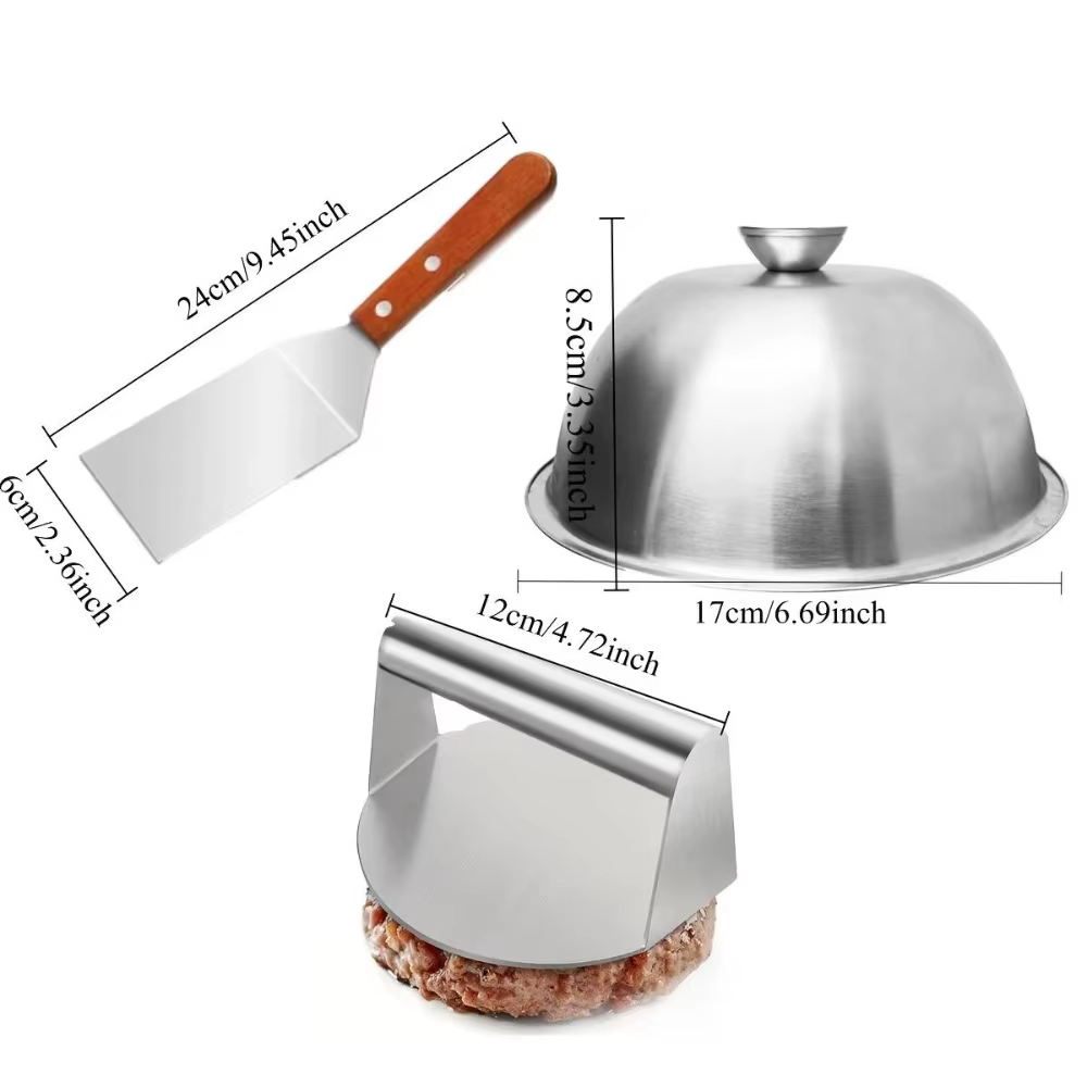 3 accessoires de cuisine, presse à hamburgers en acier inoxydable, spatule et couvercle, outils de c
