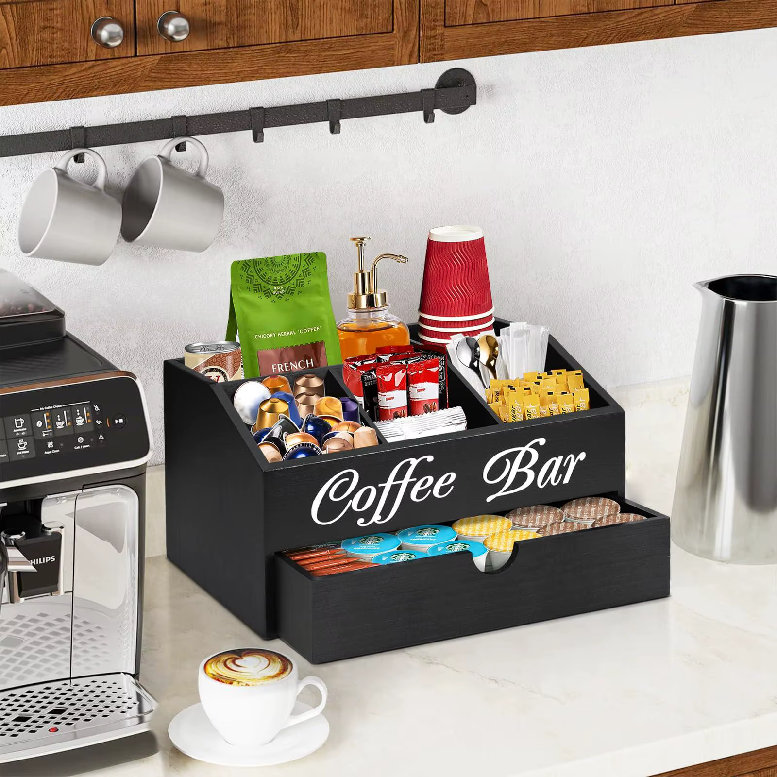 Boîte de rangement en bois pour sachets de café, organisateur d'accessoires de bar à café à double c