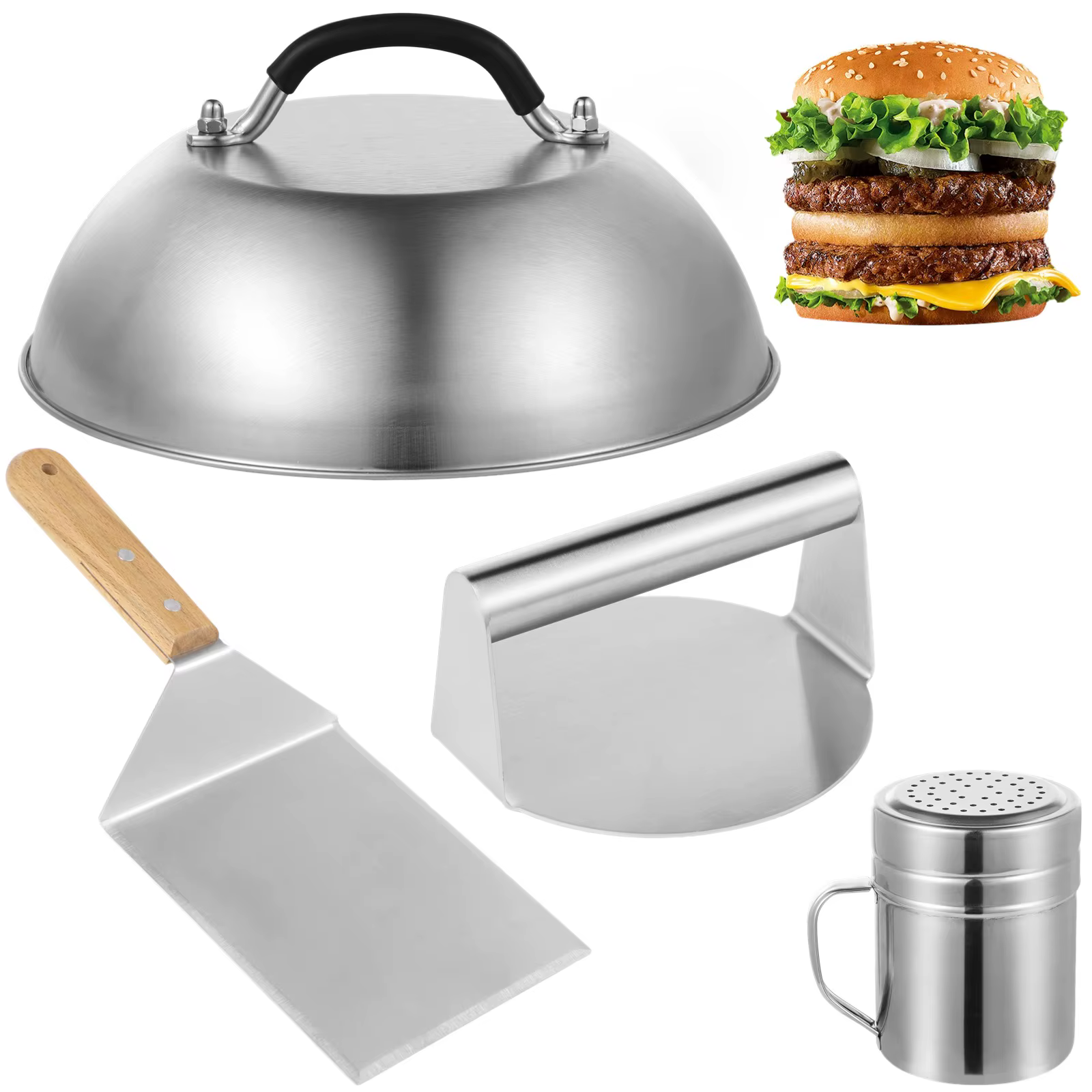 Kit de presse pour hamburgers, 4 pièces/ensemble, couvercle à badigeonner, spatule de gril, drague d