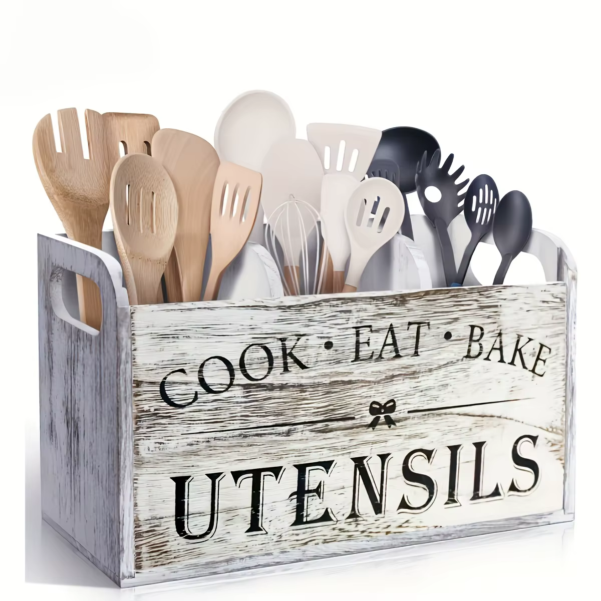 Porte-ustensiles de cuisine en bois rustique - Organisateur à 3 compartiments pour comptoir et mur, 