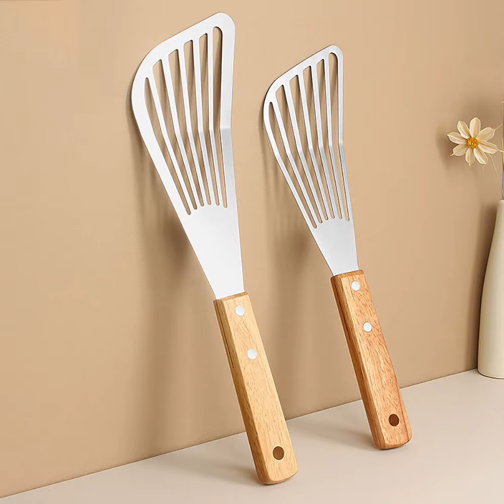 Pelle à frire pour poisson en acier inoxydable, avec manche en bois, en forme d'éventail, pour la ma
