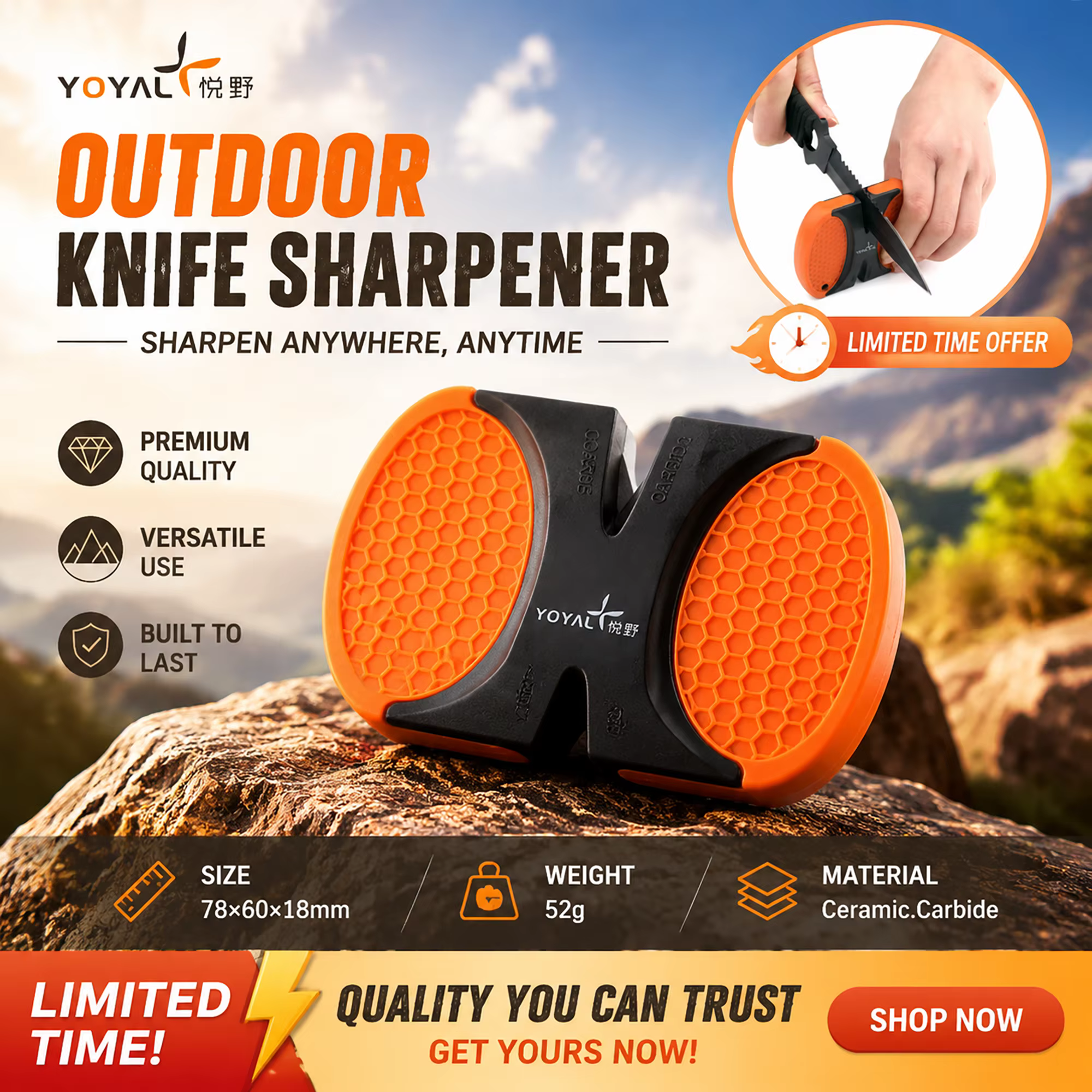 Aiguiseur de couteaux portable 2 étapes (grossier et fin) – Outil manuel d'extérieur pour la chasse,