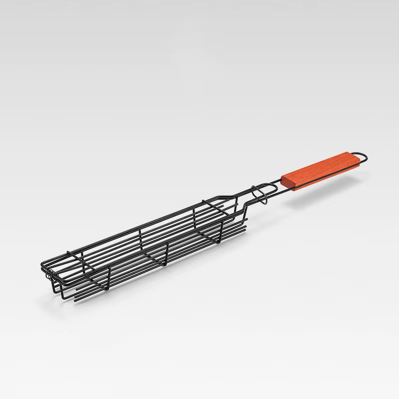 Manche en bois barbecue cage grill net portable antiadhésif barbecue accessoires camping charbon de 