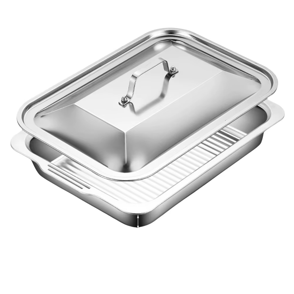 Poêle à poisson grillé en acier inoxydable avec couvercle, rôtissoire rectangulaire antiadhésive, fa