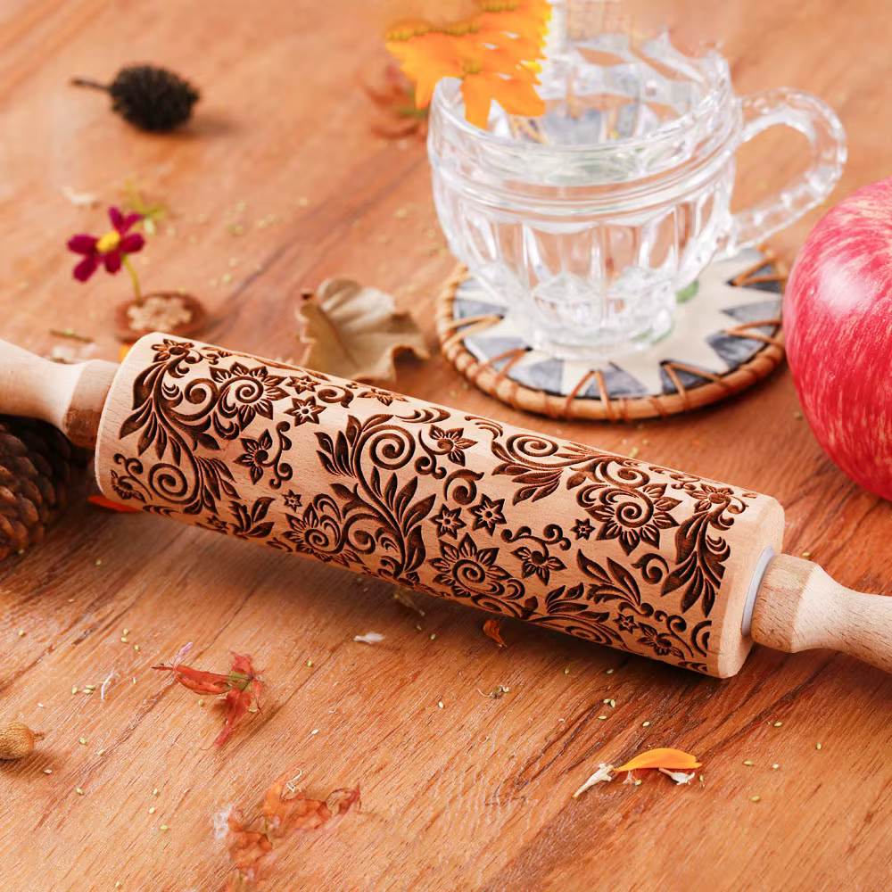 Rouleau à pâtisserie en bois de tournesol en relief avec motif pour pâtisserie de cuisine, outils de