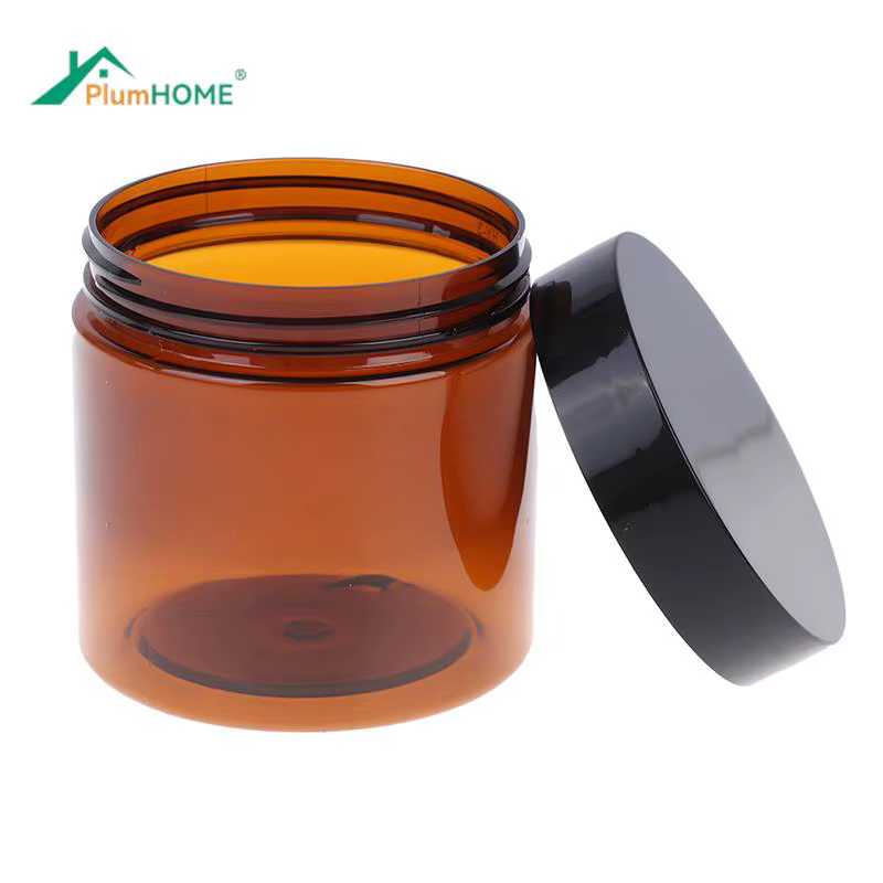 Pots à Crème Ronds Ambre à Face Droite, Capuchon en Plastique Noir, Doublure Intérieure pour Zones d