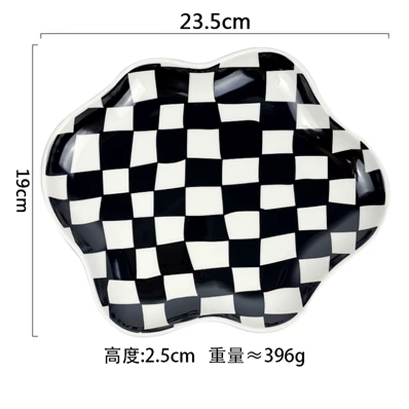 Assiettes et plats en céramique à carreaux irréguliers, échiquier européen, noir et blanc
