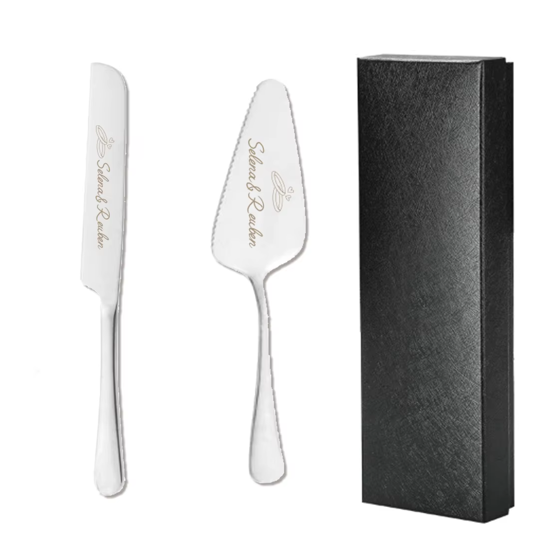 Couteau et spatule à gâteau de mariage gravés personnalisés en acier inoxydable, noms de couple pers