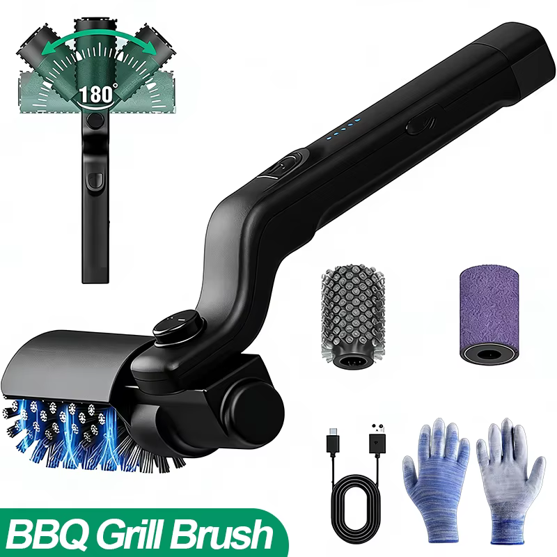Brosse de nettoyage pour barbecue électrique, sans fil, rechargeable, avec lumière LED, en acier ino