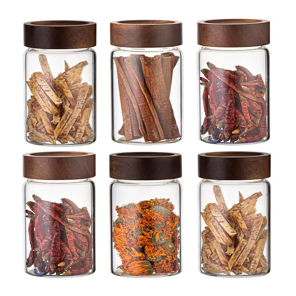 Bocaux de stockage des aliments en verre avec couvercles hermétiques en bois d'acacia à vis, pots à 
