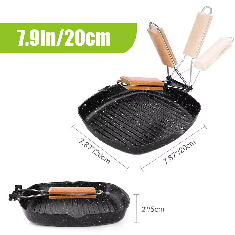Poêle à griller antiadhésive pour steak, poêle à frire polyvalente avec manche en bois, poêle à gril