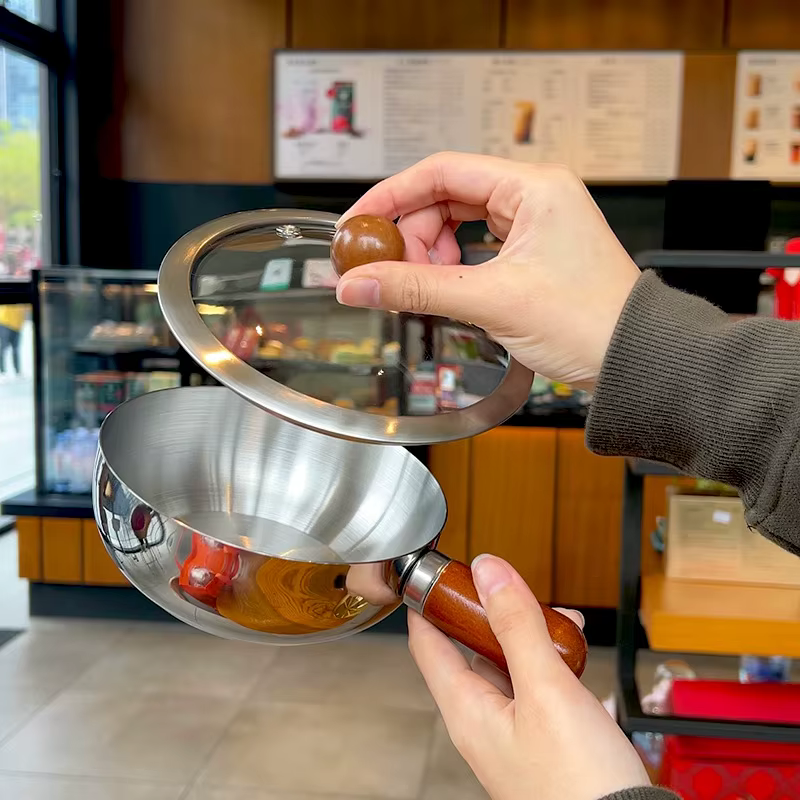 Casserole à lait en acier inoxydable avec poignée en bois, casserole compacte pour faire frire des œ