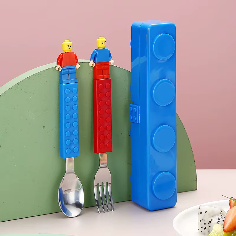 304 inoxydable enfants drôle fourchette cuillère ensemble enfants bloc de construction jouets dessin
