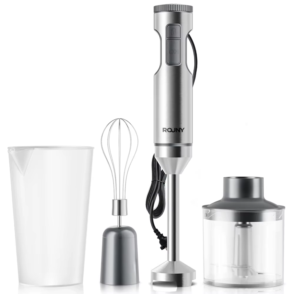 Mixeur Plongeant Puissant 4-en-1, Batteur Manuel en Acier Inoxydable, Bol de Mélange 700ml, Hachoir 