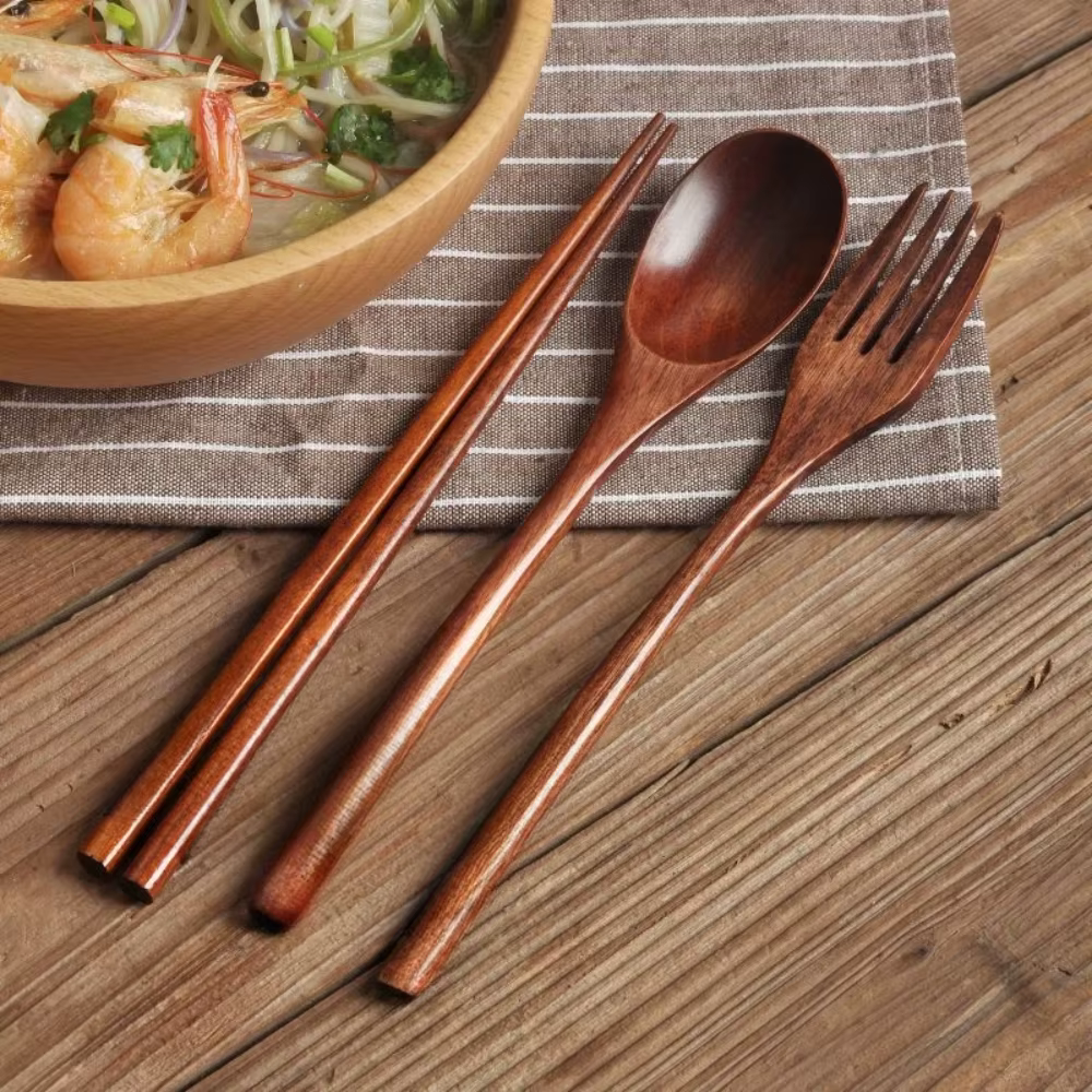 Cuillère fourchette baguettes couverts portables ensemble de couverts en bois voyage ensemble de cou