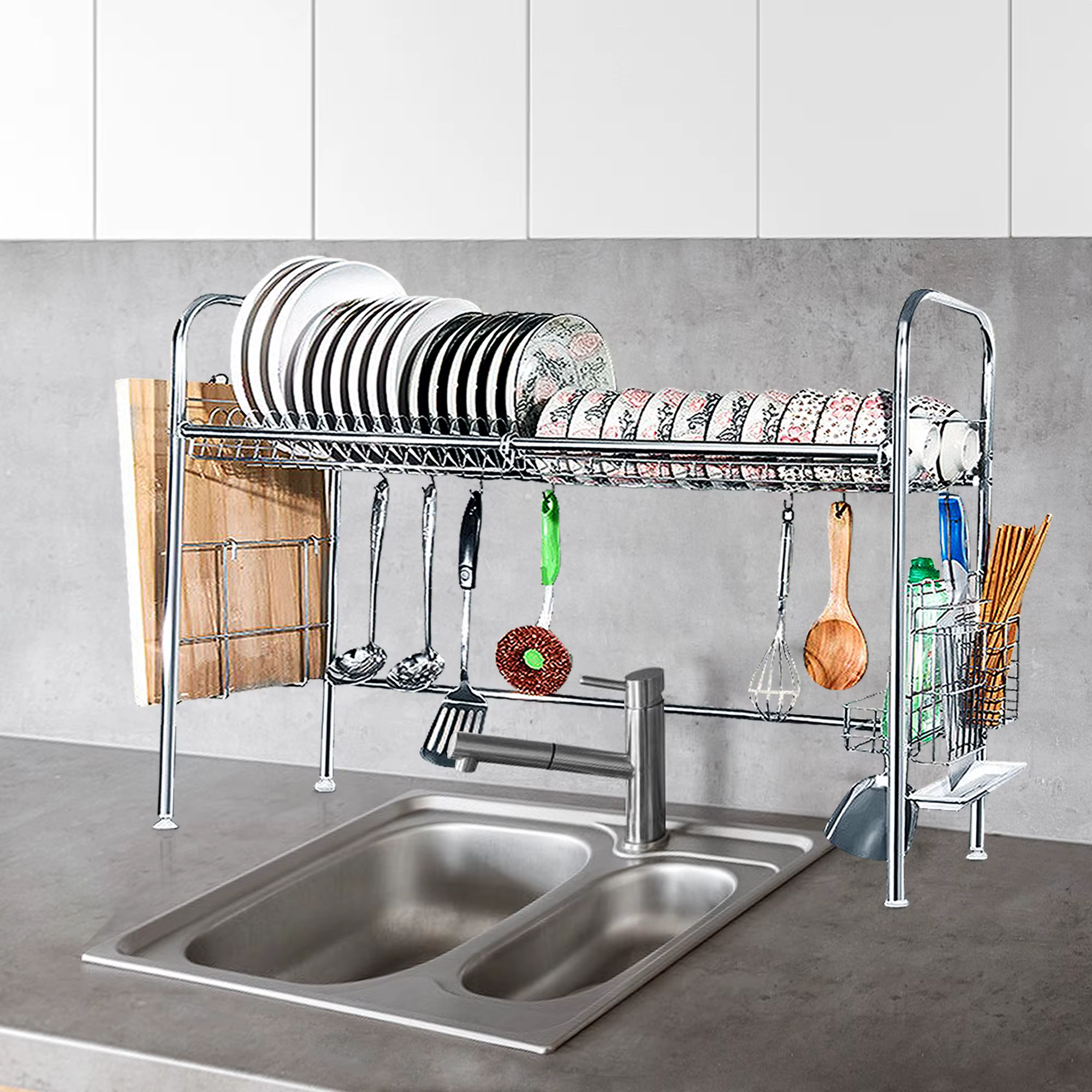 Vaccage de vaisselle à 2 niveaux en acier inoxydable T1, support d'ustensiles pour comptoir