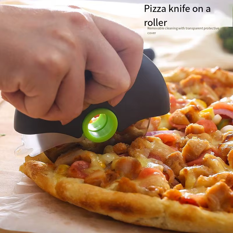 Couteau à découper à roue ronde en acier inoxydable pour Pizza, avec couvercle, rouleau, trancheur d