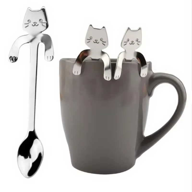 Cuillère à café en acier inoxydable, joli cuillère à café en forme de chat mignon, cuillère à Desser