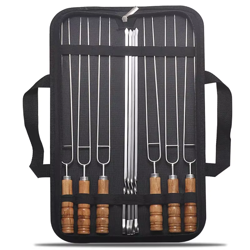 Brochettes de barbecue en fil d'acier inoxydable, manche en bois, bâtons de rôtissage pour gril, Cam