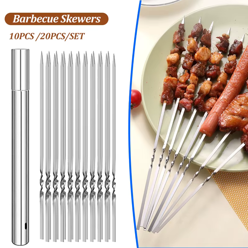 Brochette de Barbecue en acier inoxydable, 10/20 pièces, bâton d'aiguille plat réutilisable, outils 