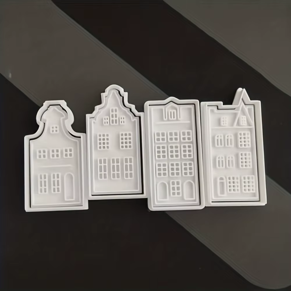 Lot de 4 emporte-pièces maison Amsterdam, moules à fondant bâtiments anciens européens, tampons à bi