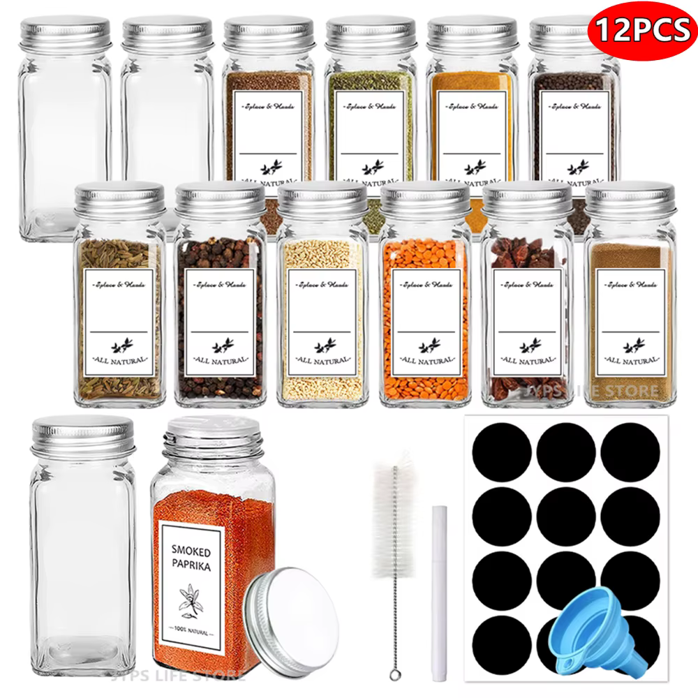 Pots à épices en verre avec couvercles métalliques, 12 pièces, salière, poivrière, récipients d'assa