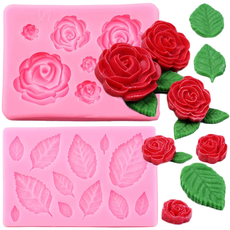 Moule à Fondant en Silicone Rose, fleurs et feuilles, outils de décoration de gâteaux, décoration de