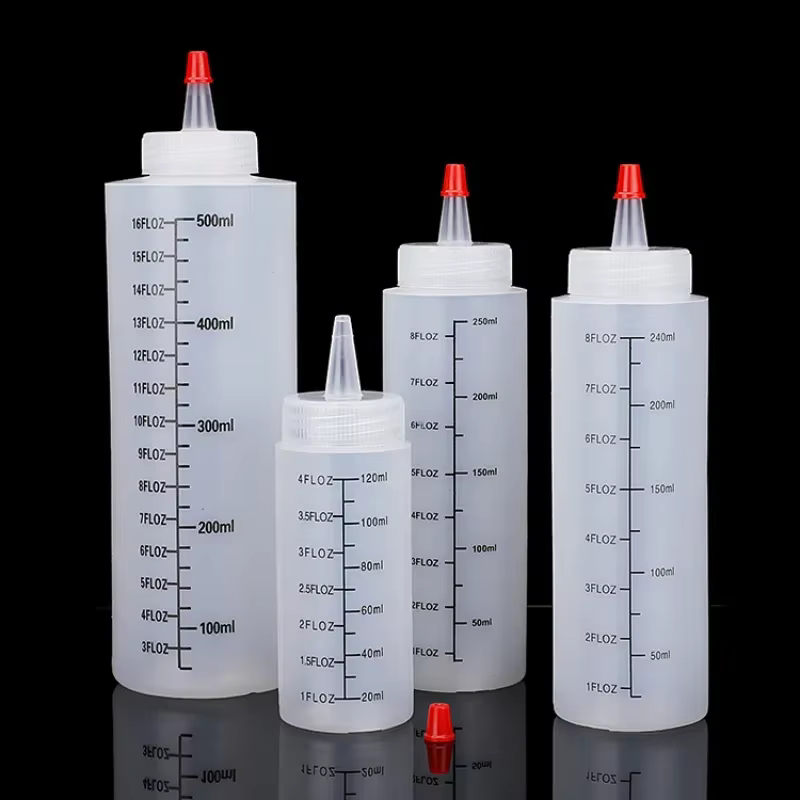 Bouteille à presser en plastique avec échelle à nez aiguille de 120/250/450ml, bouteille à presser a