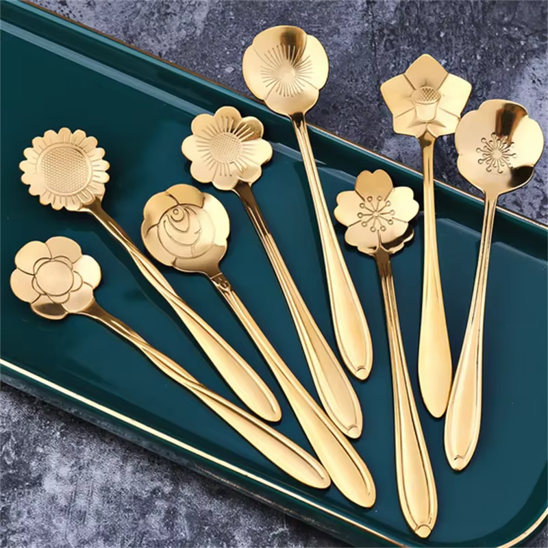 Cuillère à café en acier inoxydable, 8 pièces, fleur de cerisier Rose, cuillère à café dorée, cadeau