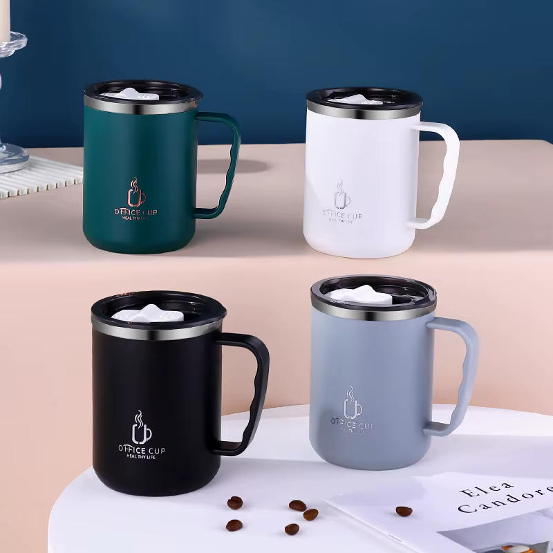 Tasse à café à double couche en acier inoxydable 500 avec couvercle et poignée en plastique, bouteil