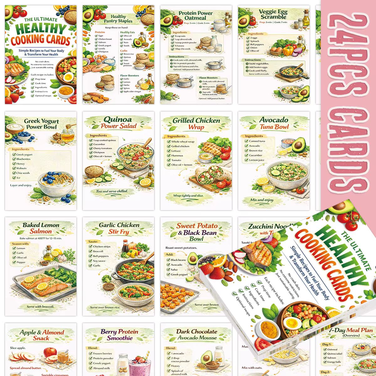 24 cartes de recettes de cuisine avec liste d'épicerie et conseils sur l'alimentation saine, cartes 