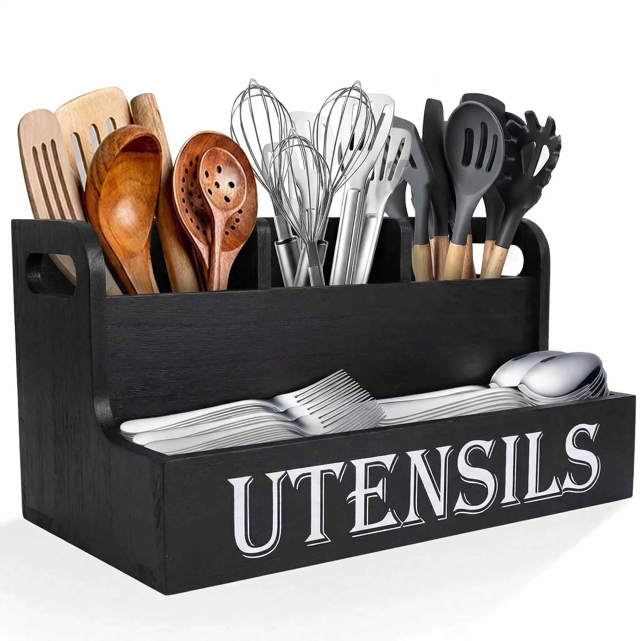Support à ustensiles de cuisine en bois - Organisateur d'ustensiles de cuisine à 4 compartiments, bo