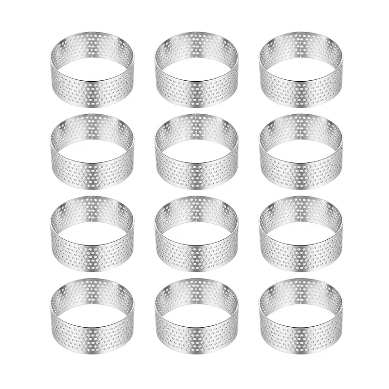 Ensemble de 12 Cercles à Tarte Ronds en Acier Inoxydable - Moules Perforés pour Mousses et Desserts,