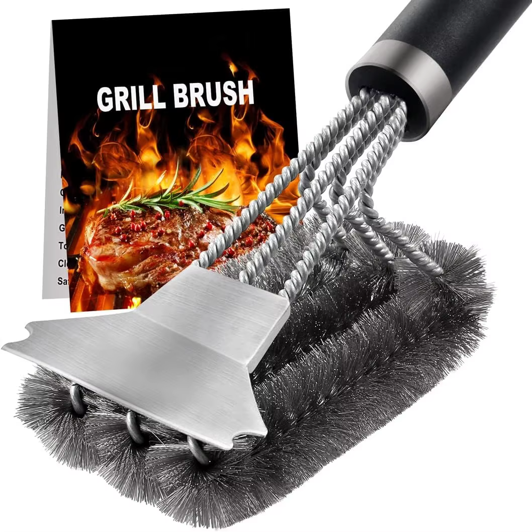Brosse et grattoir de gril sûrs, brosse de nettoyage de barbecue à poignée avec poils en acier inoxy