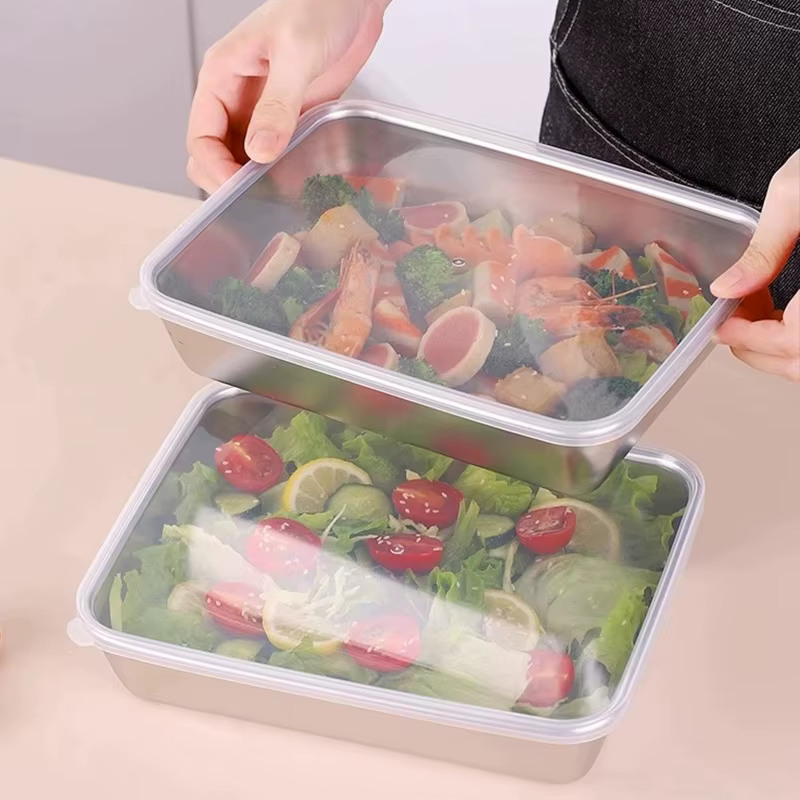 Plaque carrée épaisse, poêle de stockage des aliments rectangulaire en acier inoxydable avec couverc