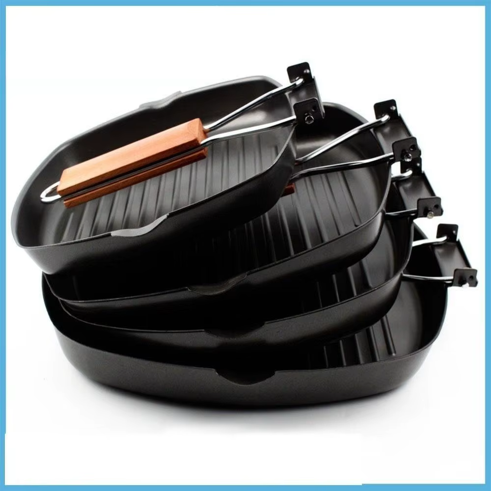 Poêle à frire à steak portable non collante, poêle à griller carrée avec manche en bois pliant, poêl