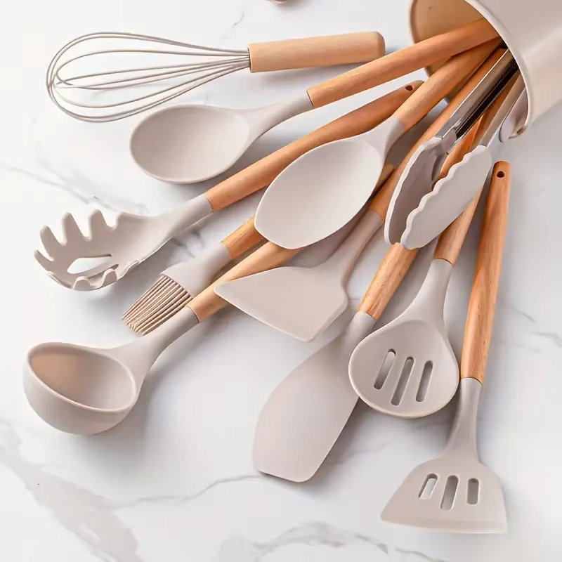 Ensemble d'ustensiles de cuisine avec manche en bois en silicone multicolore, antiadhésif, pot, spat