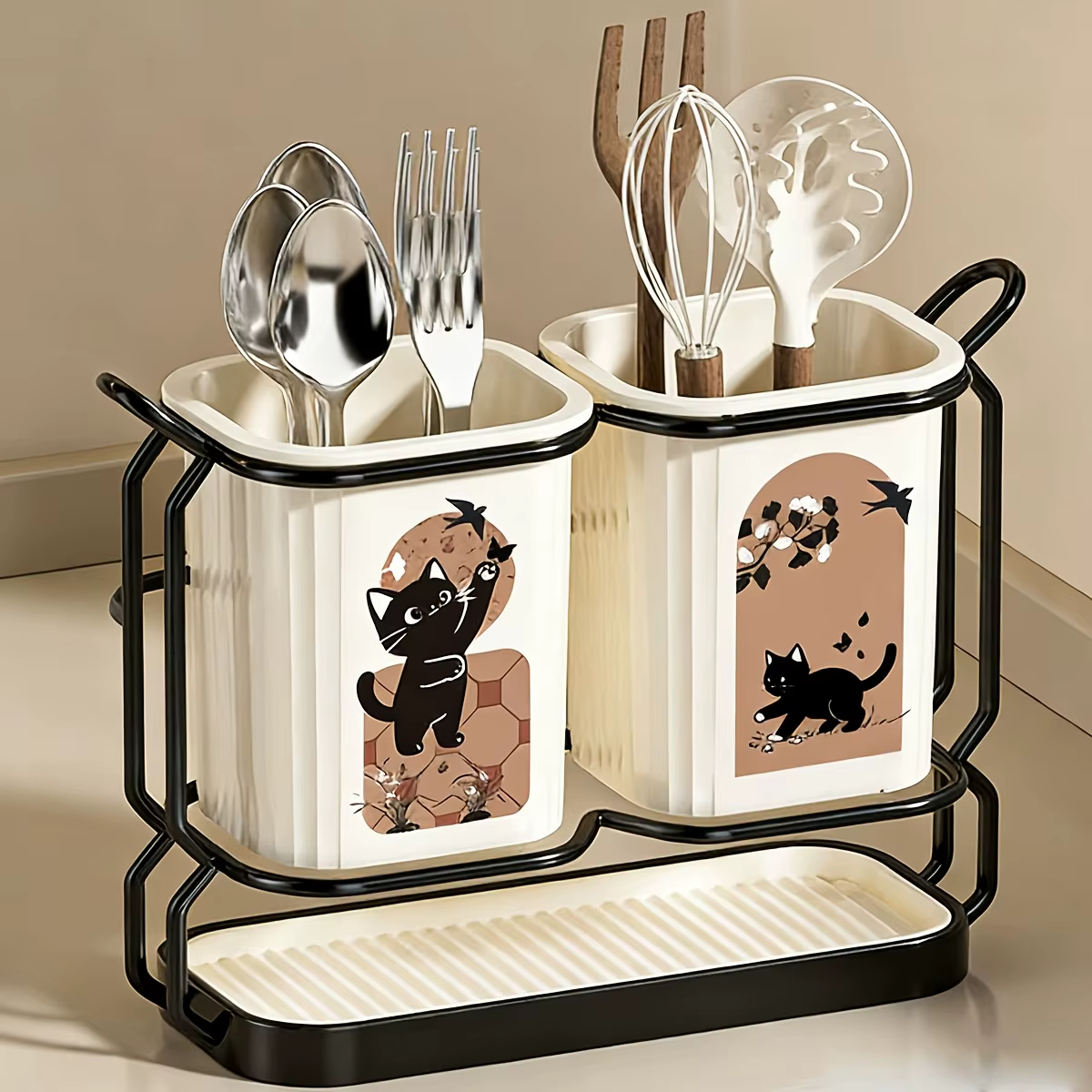 Support de rangement en acier au carbone pour ustensiles de cuisine, motif chat mignon, pour comptoi