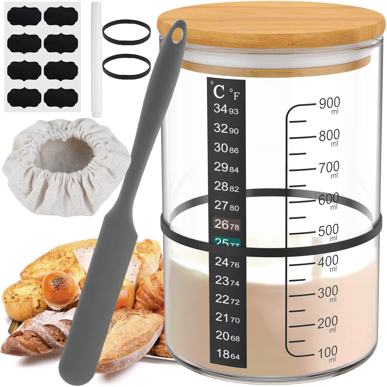 Kit de pot de démarrage de levain 900ML, 9 pièces, récipient de démarrage de levain, pot de Fermenta