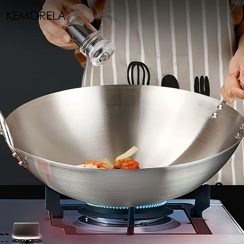 Wok en acier inoxydable non revêtu, 26/28/30/32/34cm, poêle de Chef à Double poignée de haute qualit