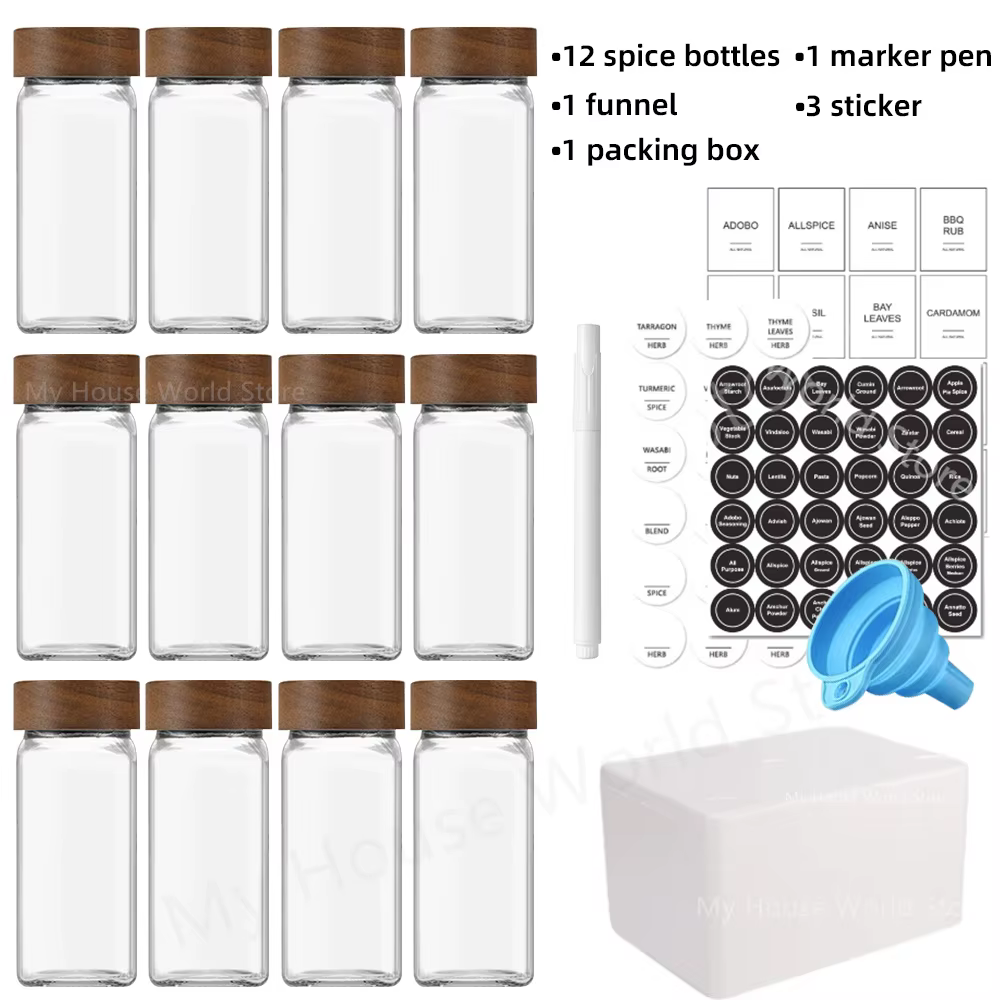 Pots à épices en verre avec couvercles en bambou, 13 pièces, pots en verre de 4oz, ensemble de pots 