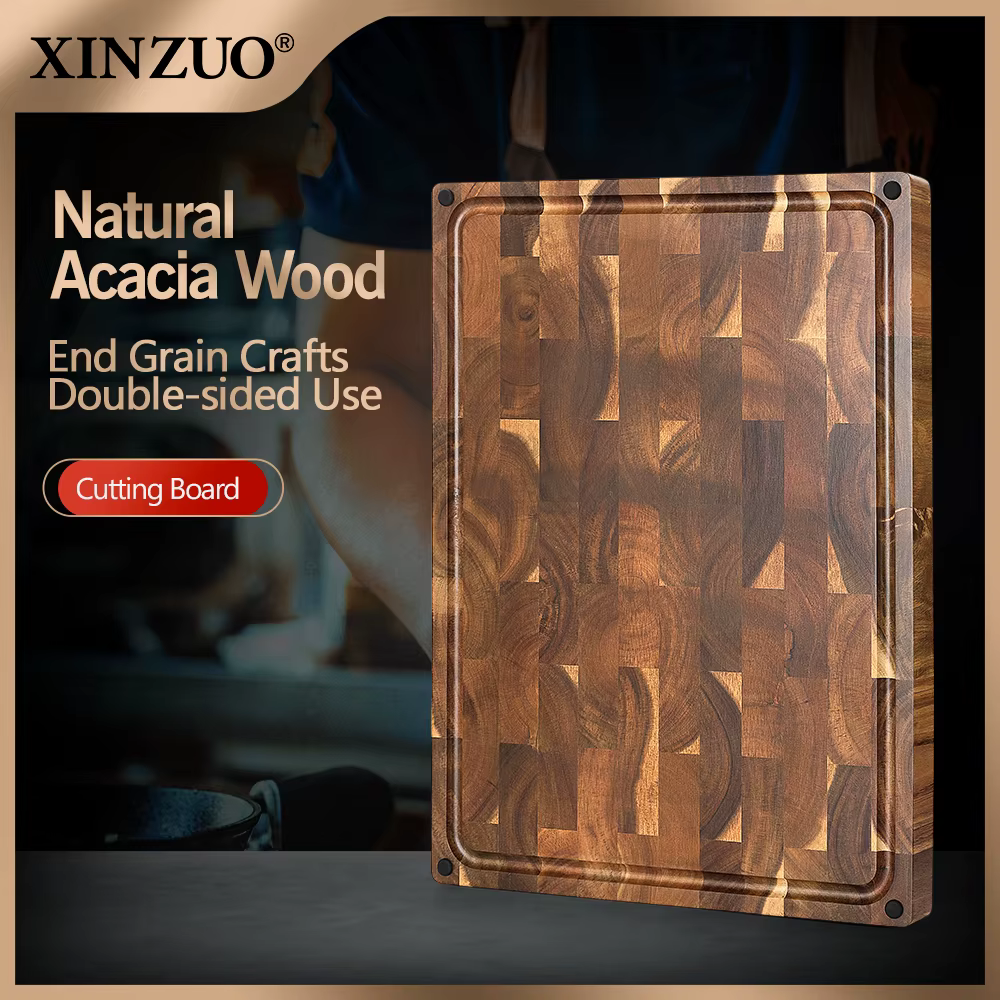 XINZUO Planche à découper en bois de grain d'extrémité épaisse grande Bois d'acacia 48,5 x 35,6 x 3,