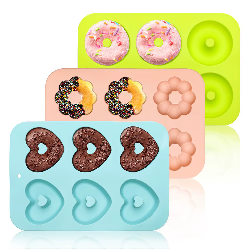Lot de 3 moules à donuts en silicone à 6 cavités, moule à pain rectangulaire souple antiadhésif pour