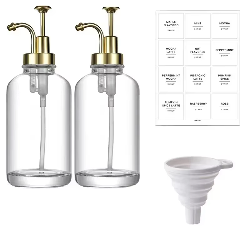 Ensemble distributeur de sirop de café, bouteille de sirop en verre de 500ml avec étiquettes autocol